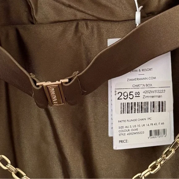 Zimmermann Olive Satin Bodysuit with Gold Chain